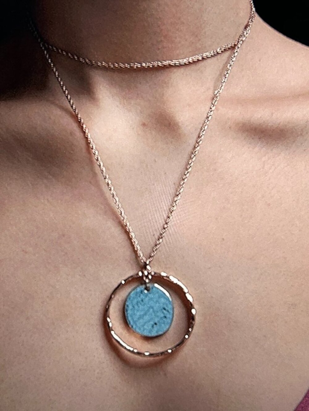 Vintage T&R Signed Hammered look Long Pendant Necklace - 35" Long